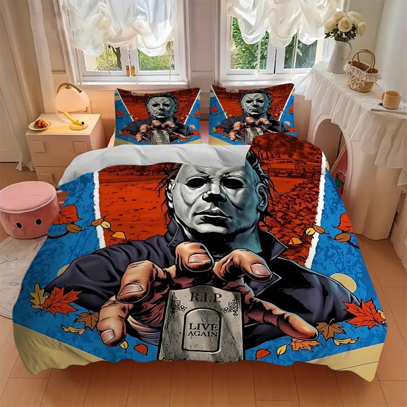 3pcs Halloween Michael Myers Horror Movie Poster Comforter Set with 1 Quilt Cover and 2 Pillowcases (No Core), Home Decor, Holiday Gift