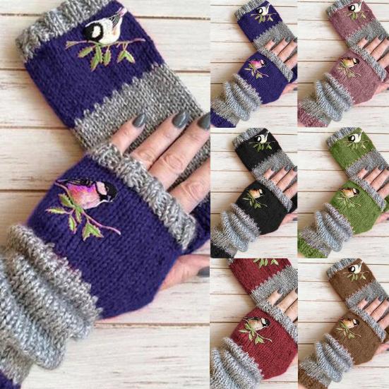 Women Autumn Winter Bird Embroidered Gloves Knit Fingerless Color Block Mitten