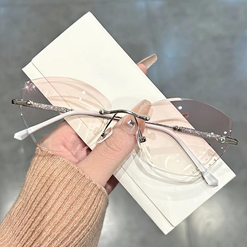 Elegant Rimless Cat Eye Reading Glasses Pc Polycarbonate Lens Rhinestone Embellished Blue Light Blocking With Metal Hinge