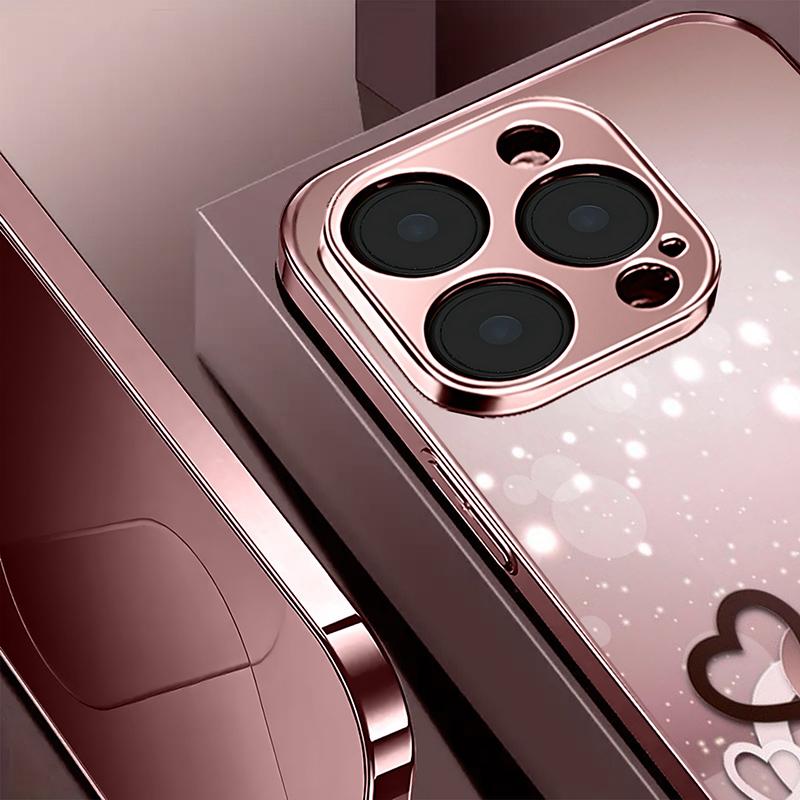 Love Heart Pattern Pink Metallic Tempered Glass Phone Case For iPhone 11 12 13 14 15 16 17 Pro Max 15 Plus 17 Air 16E Cover