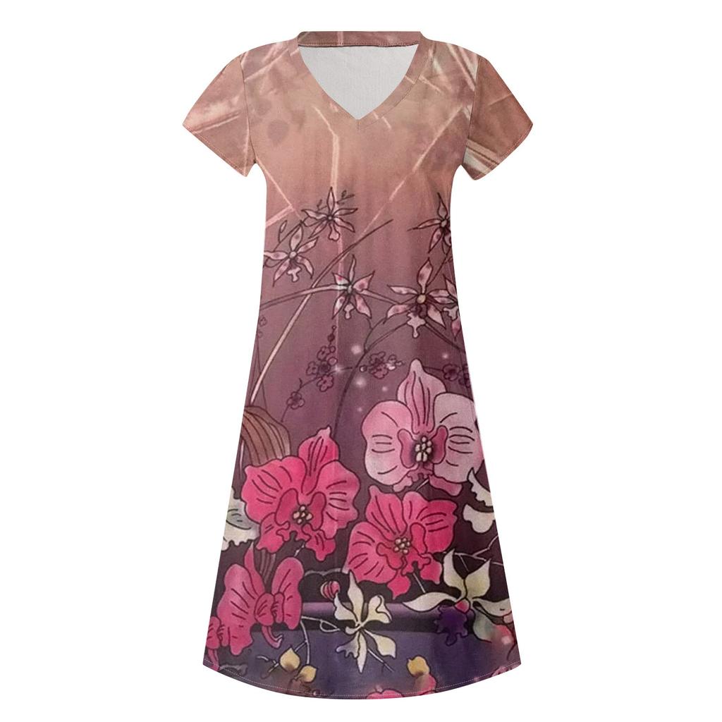 Women's Summer V-neck Short Sleeve Printed Cotton And Linen Dress