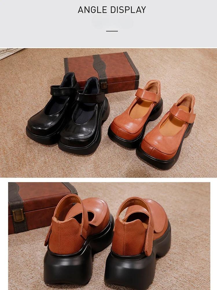 Johnature Plateau-Pumps Retro Echtes Leder Runde Spitze Vielseitige Damen-Plateauschuh