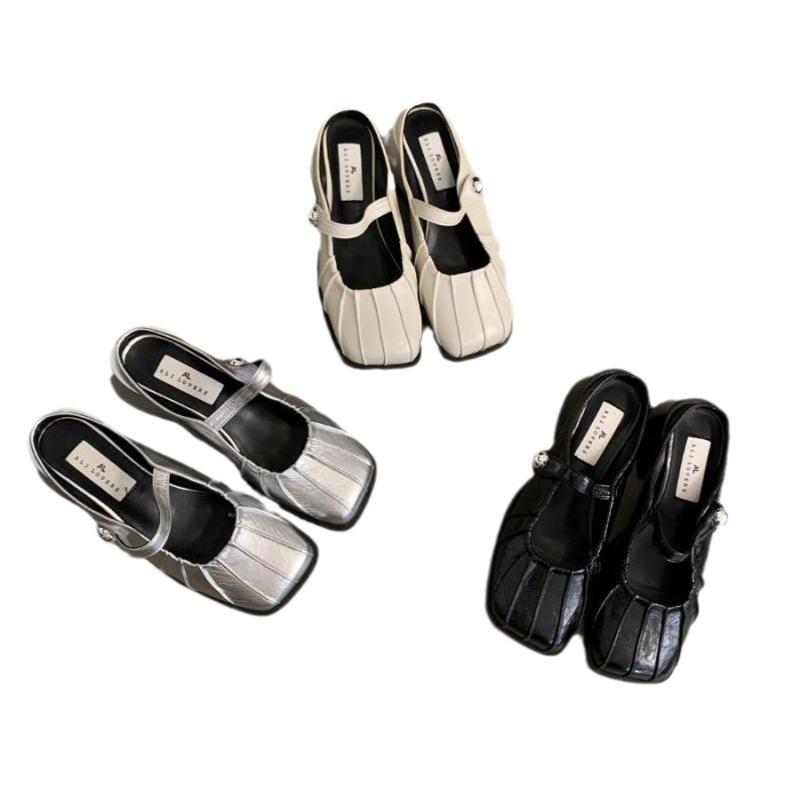 Silver thick heel sandals women's bag head half slippers female summer wear French temperament fairy style with skirt middle heel slippers