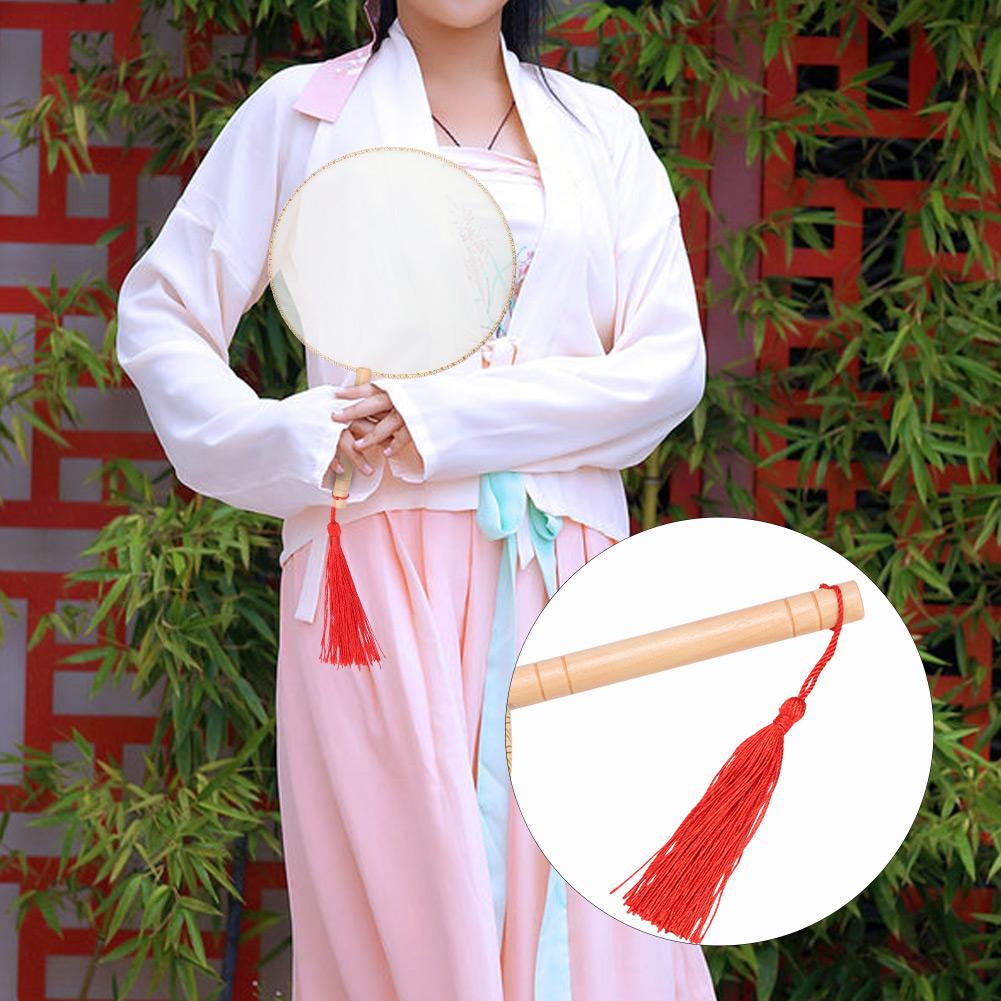Classical Wooden Handle Round Silk Classical Fan Tassel Handle Fan Gift Decoration(Round wooden handle white silk cloth )