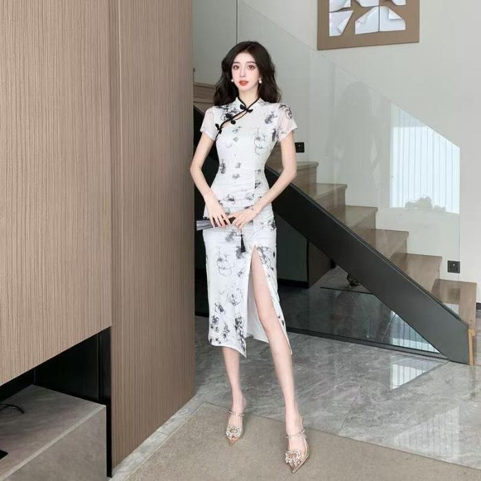 Sexy Wind Disc-buckled Floral Cheongsam Dress for Women's Summer Slim-fitting Waist-wrapped Hips Split-ended Medium and Long Skirts
