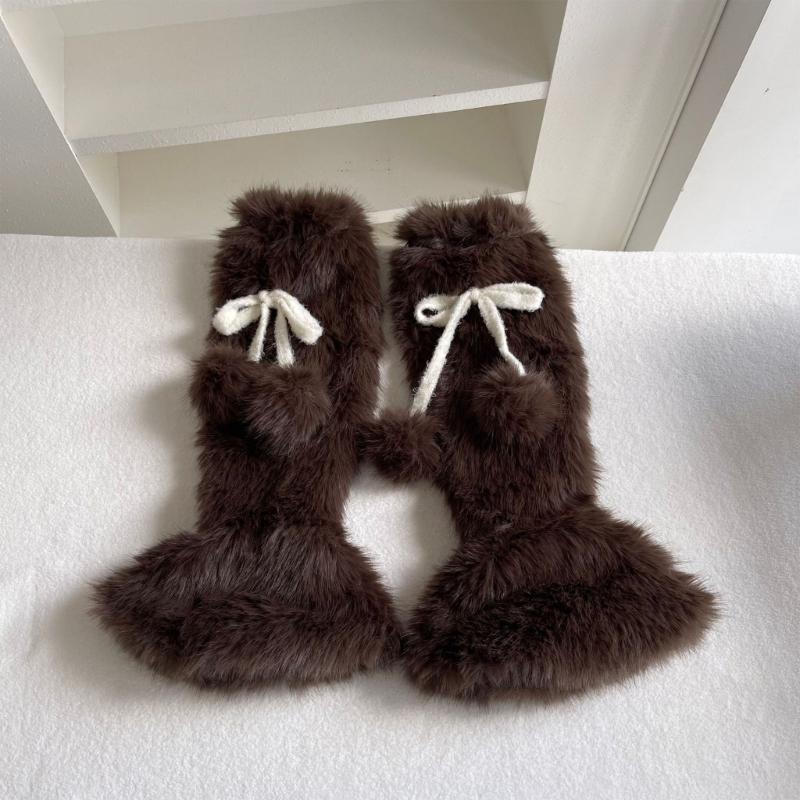 Plush Leg Warmers for Fall and Winter Layering, with Flared Lower Openings, and Bowknot Accent, Thick Faux Furs Boot Covers Long Socks for Women