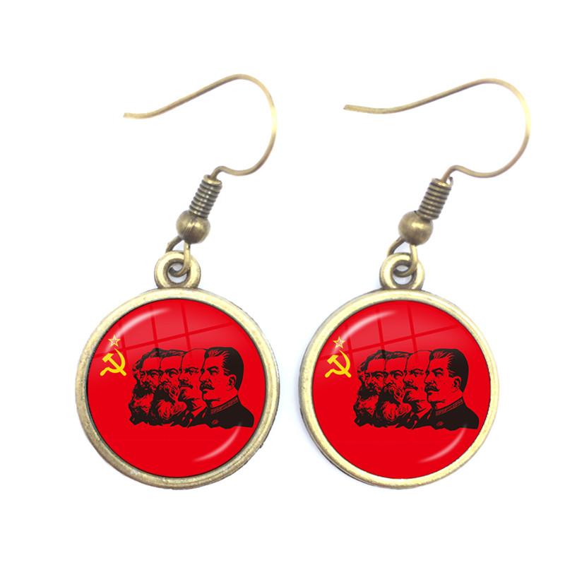Soviet USSR Stalin Lenin Drop Earrings Classic Red Star Hammer Sickle Communism Emblem CCCP Glass Cabochon Ear Jewelry For Women