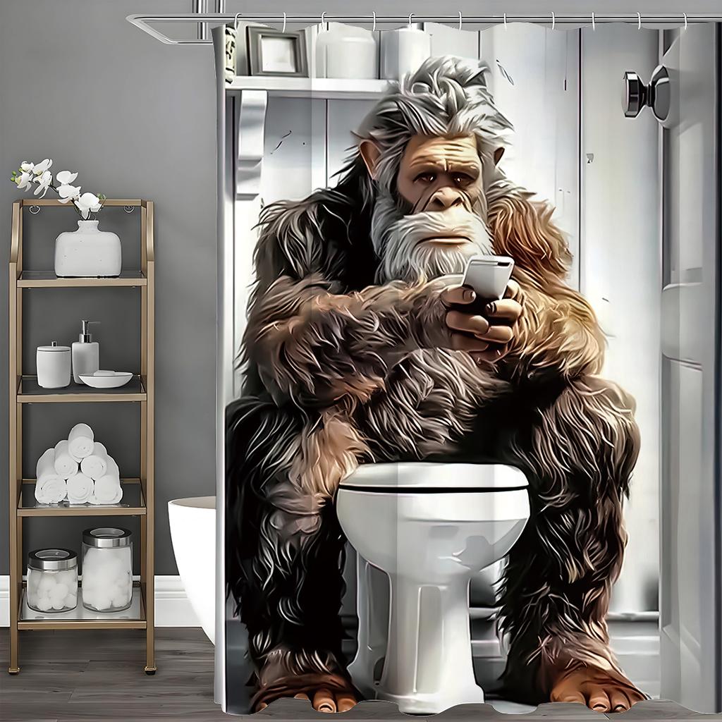 Funny Orangutan Toilet Reading Shower Curtain, Bathroom Decorative Shower Curtain, Waterproof Shower Curtain with Hooks