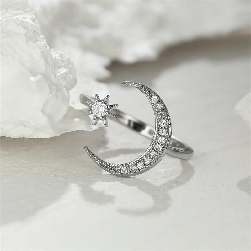 Huajie Charming Women's Dainty Shining Zirconia Moon Star Design Opening Rings Simple Casual Party Gift New Ring Tide