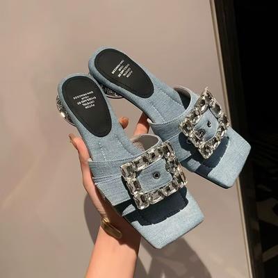 Fashion Rhinestone Square Buckle Flat Cowboy Half Support Sandals New Summer Square Head Soft Sole Sandals