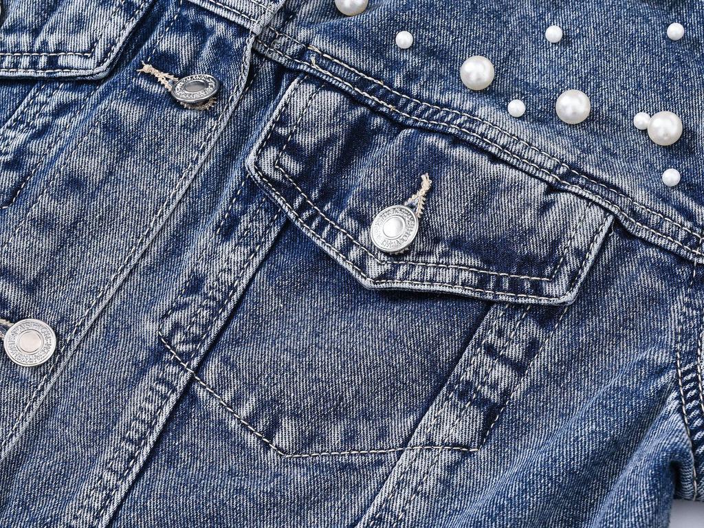 Women's Light Blue Rhinestone Beaded Denim Jacket - Petite, Short, Spring/Autumn 2025