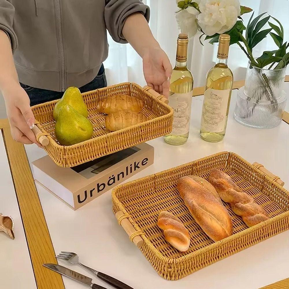 Plastic Rattan Threads Food Serving Tray Wooden Handle Desktop Organizer  Office