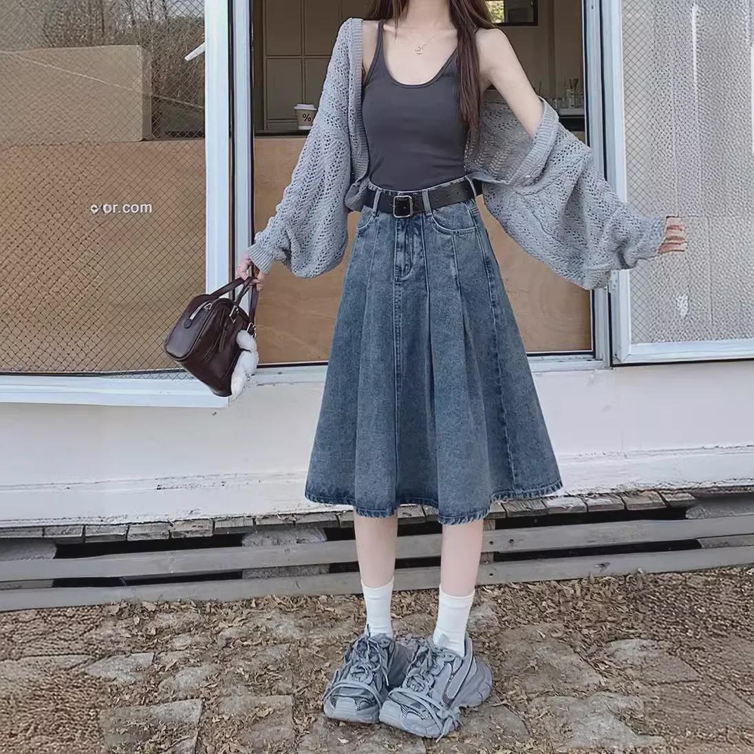 

High Waist Retro Washed Denim A-Line Pleated Midi Skirt for Women Extra Large