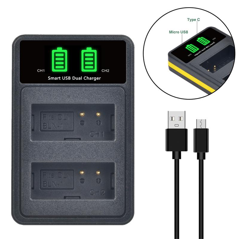 LED Dual USB Charger with Type C Port for PS-BLN1 BLN-1 BCN-1 Batteries Compatible with Olympus OM-D E-M1 E-M5 E-P5 Cameras