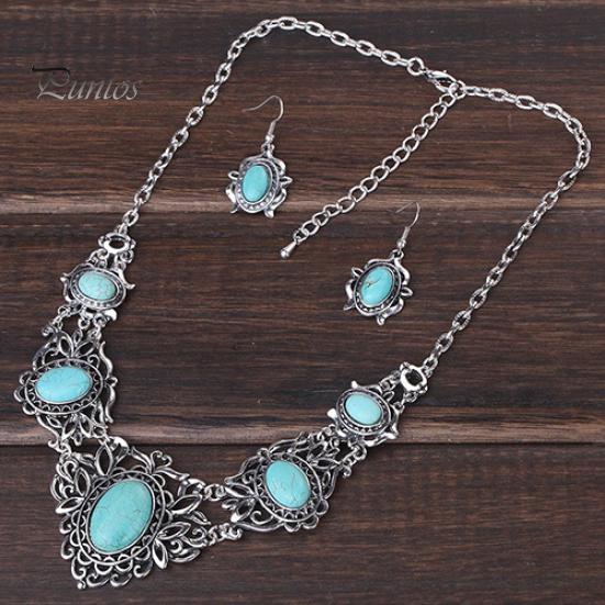 Women\'s Hollow Tibetan Oval Turquoise Bib Collar Necklace Earrings Jewelry Set