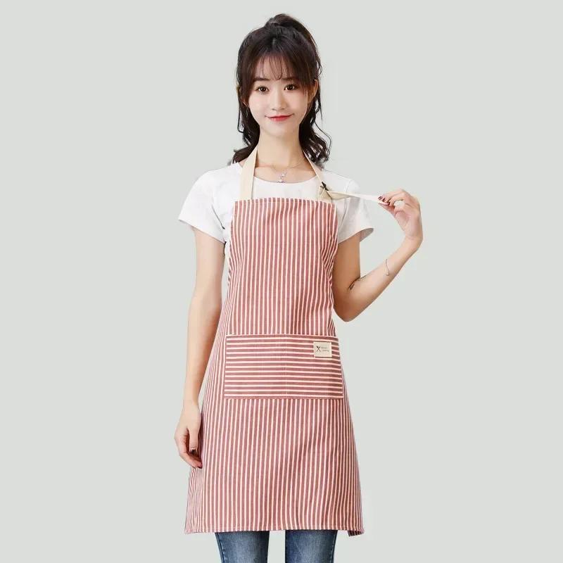 Sleeveless Linen Striped Apron Household Fashion Hanging Neck Adjustable Elasticity Work Clothes Kitchen Cooking Gardening Apron