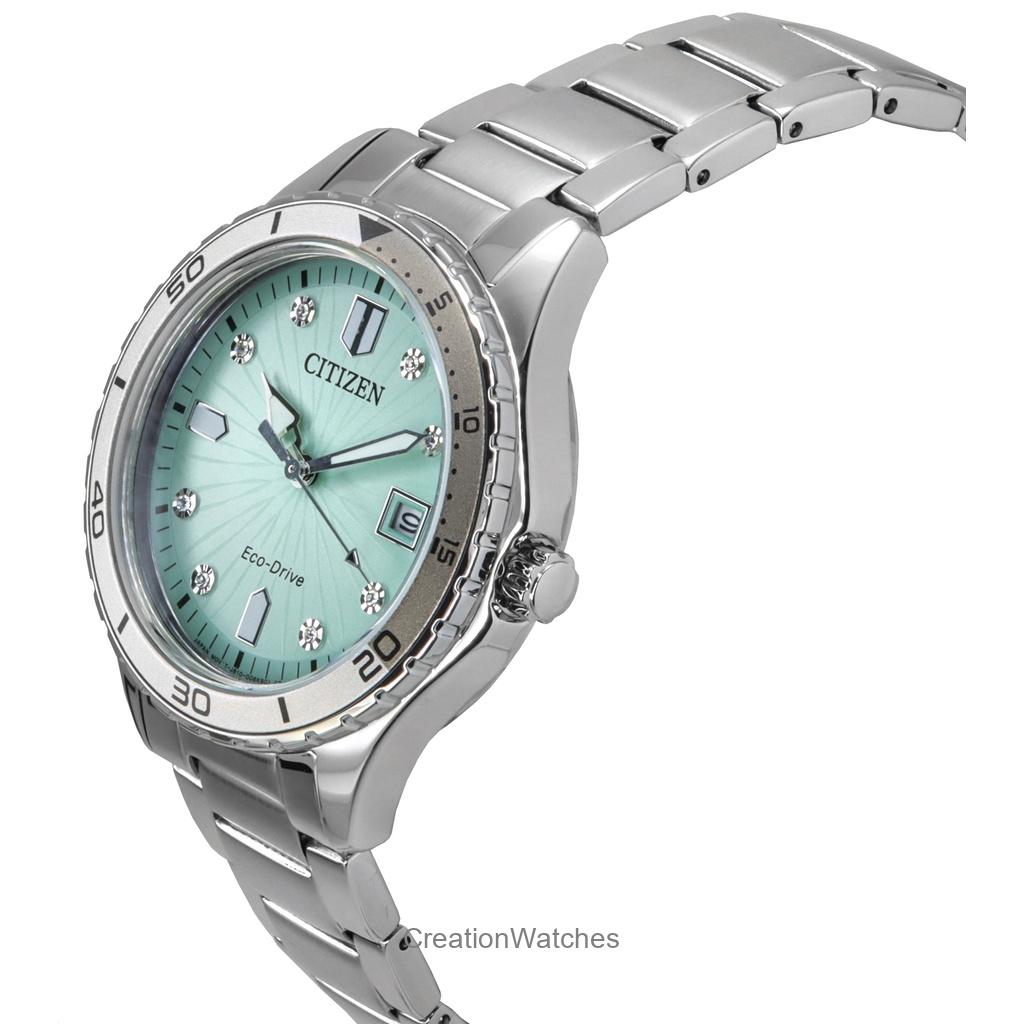 Citizen Marine Eco-Drive Crystal Accents Stainless Steel Green Dial FE6170-88L 100M Women's Watch