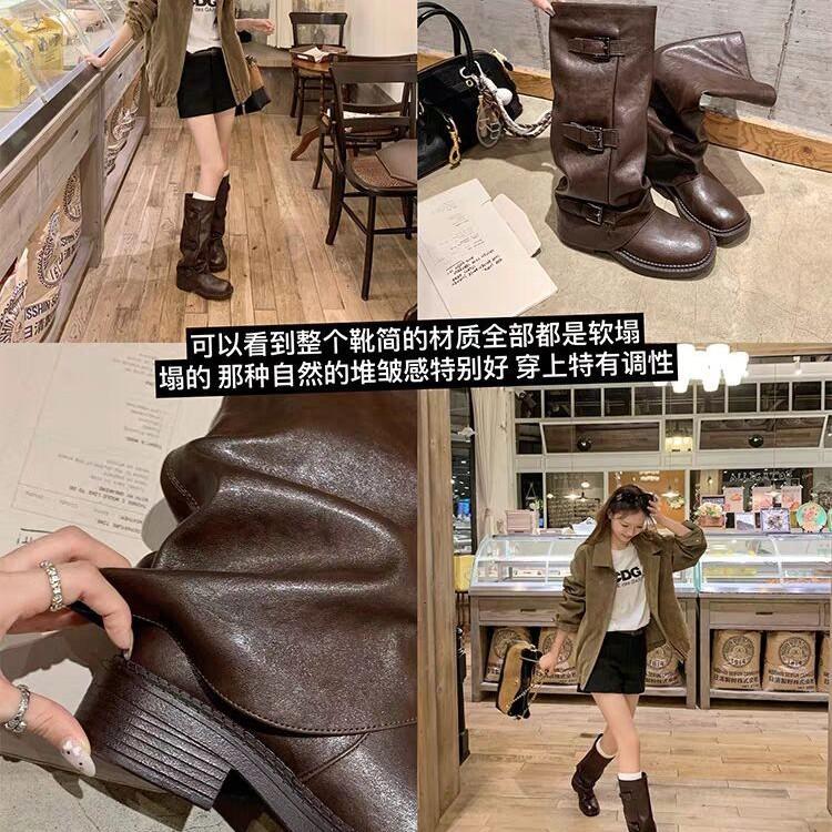 Small Size Boots Black Pants Boots Women's Vintage Fried Street Spice Girls Square Head Skinny Belt Buckle Thick Heel Folded Tube Boots