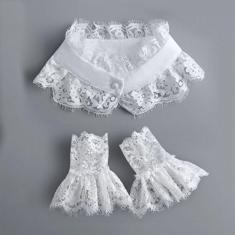 White Big Lapel Fake Collar And Black Detachable Cuff Lace False Collar Stand Removable Faux Col for Women Half Shirt Accessory