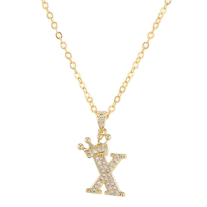 Fashion Cubic Zirconia Crown Letter Pendant Necklace Gold Hip Hop Punk Alphabet Jewelry