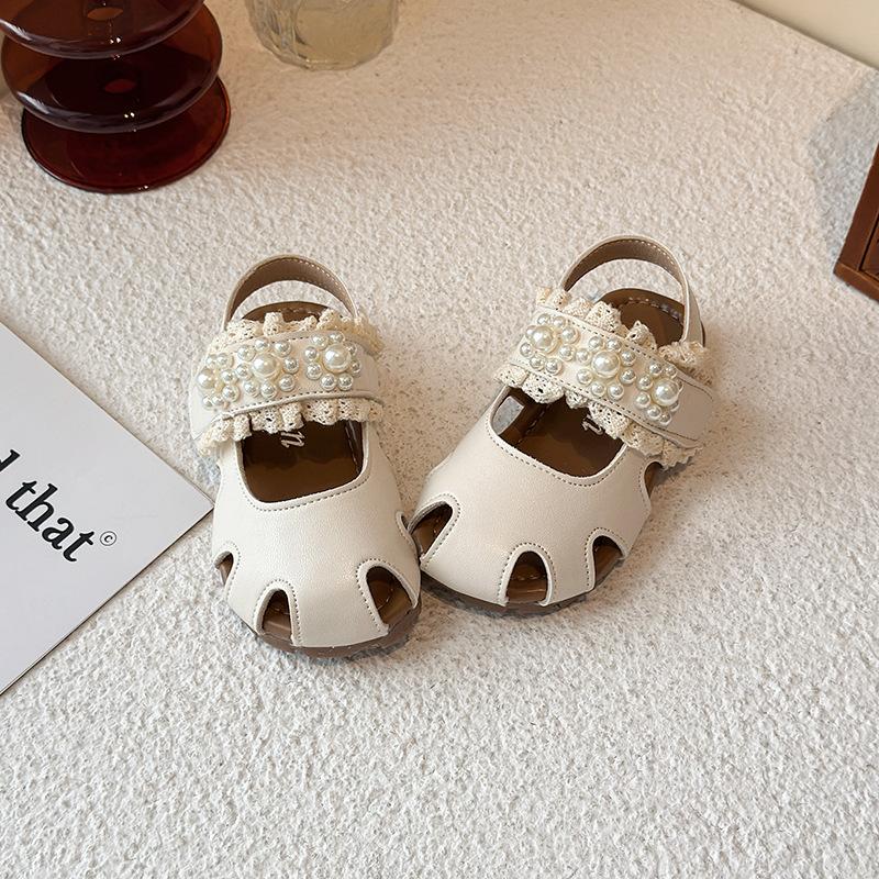 Girls' new summer princess shoes, Korean-style closed-toe sandals, soft-soled, non-slip, fashionable and versatile single shoes with pearls