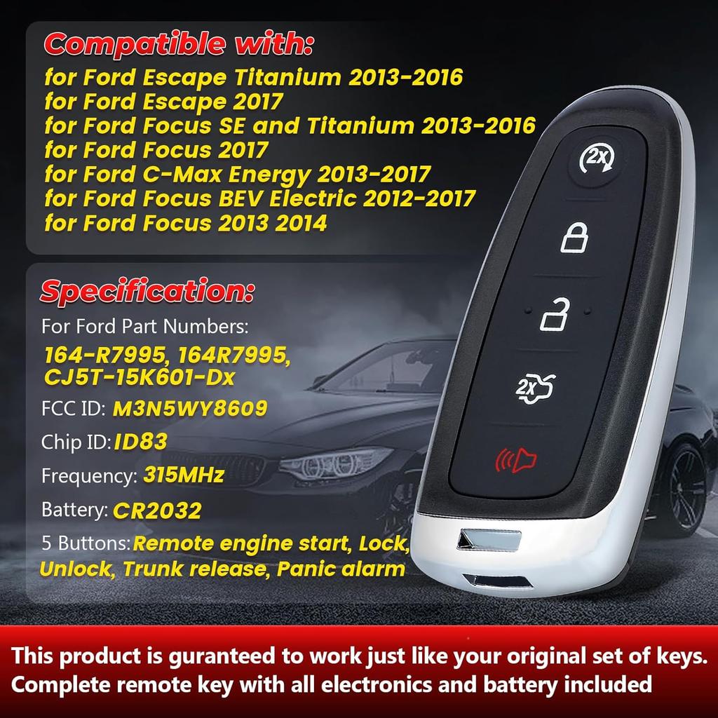 Smart Remote Key Fob Replacement for Ford Escape Titanium 2013-2016 Focus C-Max Maverick 315Mhz ID83 Chip FCC ID: M3N5WY8609, P/N: 164-R7995,