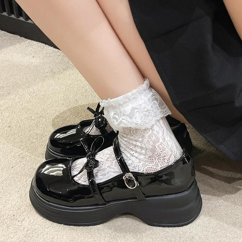 Fashion Black Chunky Platform Mary Jane Shoes for Women 2025 Spring Patent Leather Pumps Woman Thick Bottom Bowknot Lolita Shoes Ladies