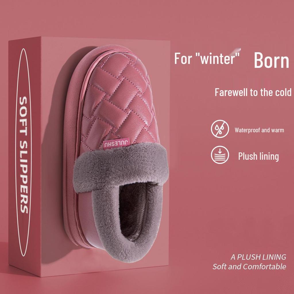 Women's & Men's Waterproof Leather Cotton Slippers for Autumn/Winter 2025 - Indoor/Outdoor, Non-Slip, Heel-Covering Design.