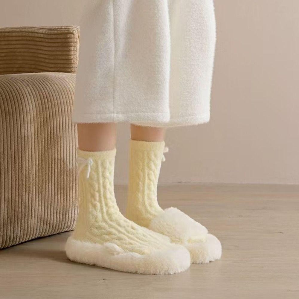 Thickened Floor Plush Socks Bowknot Mid Tube Socks Women Creative Coral Fleece Socks  Female
