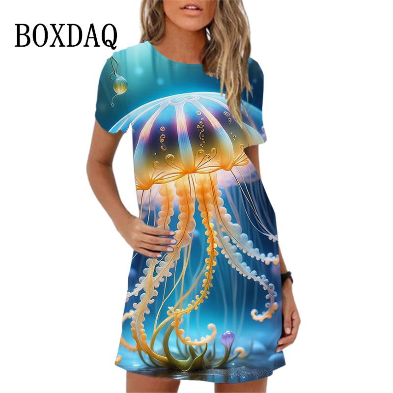 Women Dress Streetwear Clothing Casual Loose Short Sleeve O-Neck Mini Dress Fish Octopus Crabfish Pattern Woman Dresses