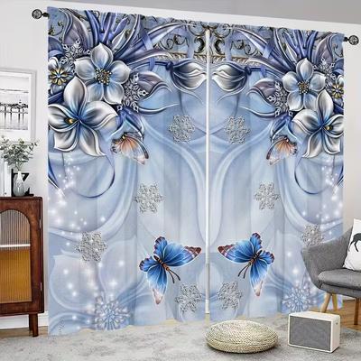 2 Peças Cortinas Estampadas com Flores Azuis e Borboletas, adequadas para decoração de quarto, sala de estar, cozinha, decoração de casa, decoração de janela