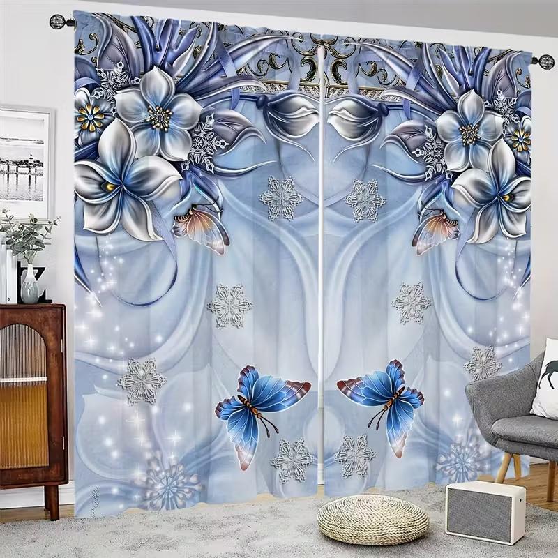 2 Pcs Blue Flower Butterfly Print Curtains,suitable for Bedroom,living Room Kitchen Decoration,home Decoration,window Decoration