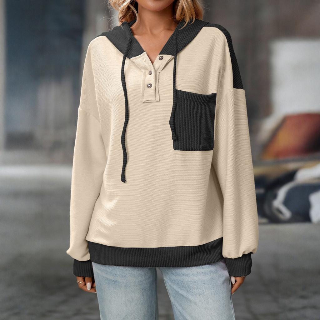 Women's Fashion Color Blocked Long Sleeved Button Hoodie Top