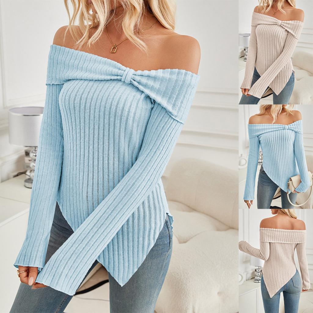 Women's Pullovers & Long Sleeves - Fall Winter Women's Fashion Off-shoulder Slim Fit Slit T-shirt Leisure Europe America