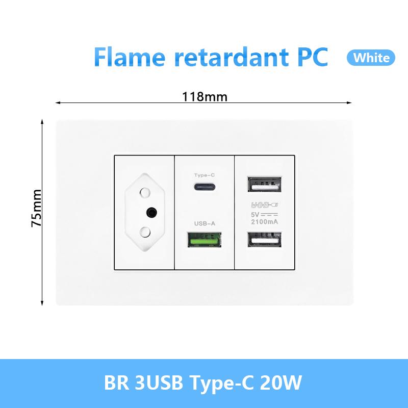 Italien Chile Mexiko USB Smart Typ-c 20W Schnelllade-Wandsteckdose Stecker, Brasilien Elektrischer Lichtschalter Universal-USB-C-Steckdose
