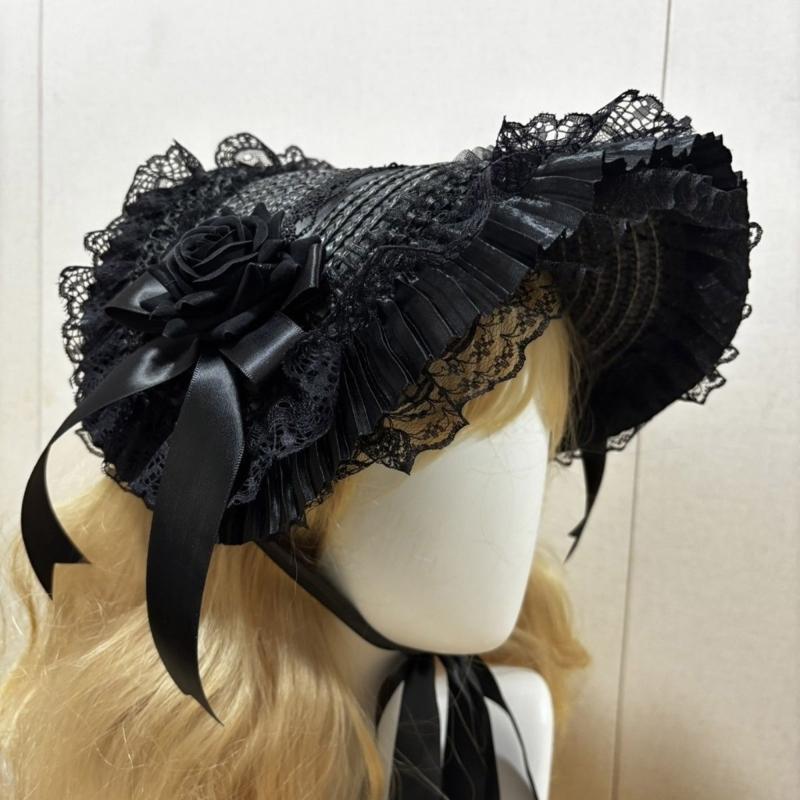 Woven Straw Lace Hat with Dark Series Design and Large Bowknot Elegant Bonnet Hat For Women Theme Parties and Halloween
