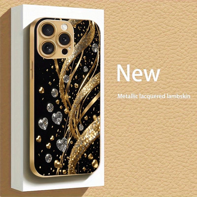 Goud Diamant Hartpatroon Gouden Metallic Verf Glazen Telefoonhoesje Voor iPhone 17 Pro Max 11 12 13 14 15 16 Plus 17 Air 16E Cover