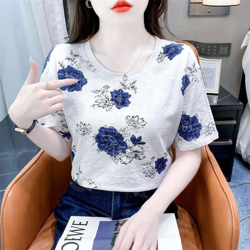 Women Summer Short Sleeve O Neck Gradient Color Letter Printed Fashion Cotton T Shirt Top
