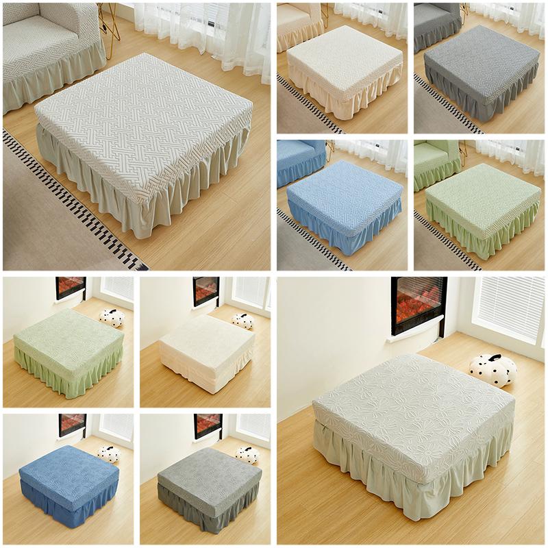 Elastic Jacquard Velvet Footstool Cover House Pouf Stool Ottoman Cover Living Room Furniture Protector Sofa Cover With Skirt