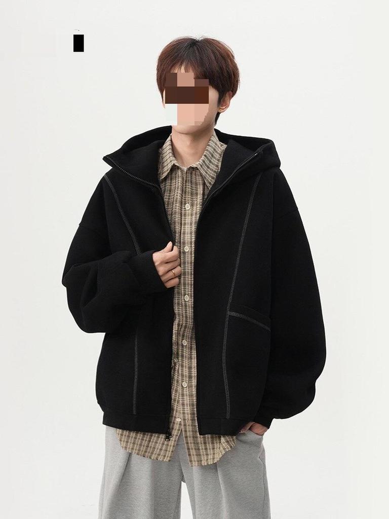 Unisex Trendy Heavyweight Hooded Cardigan with Contrast Stitching