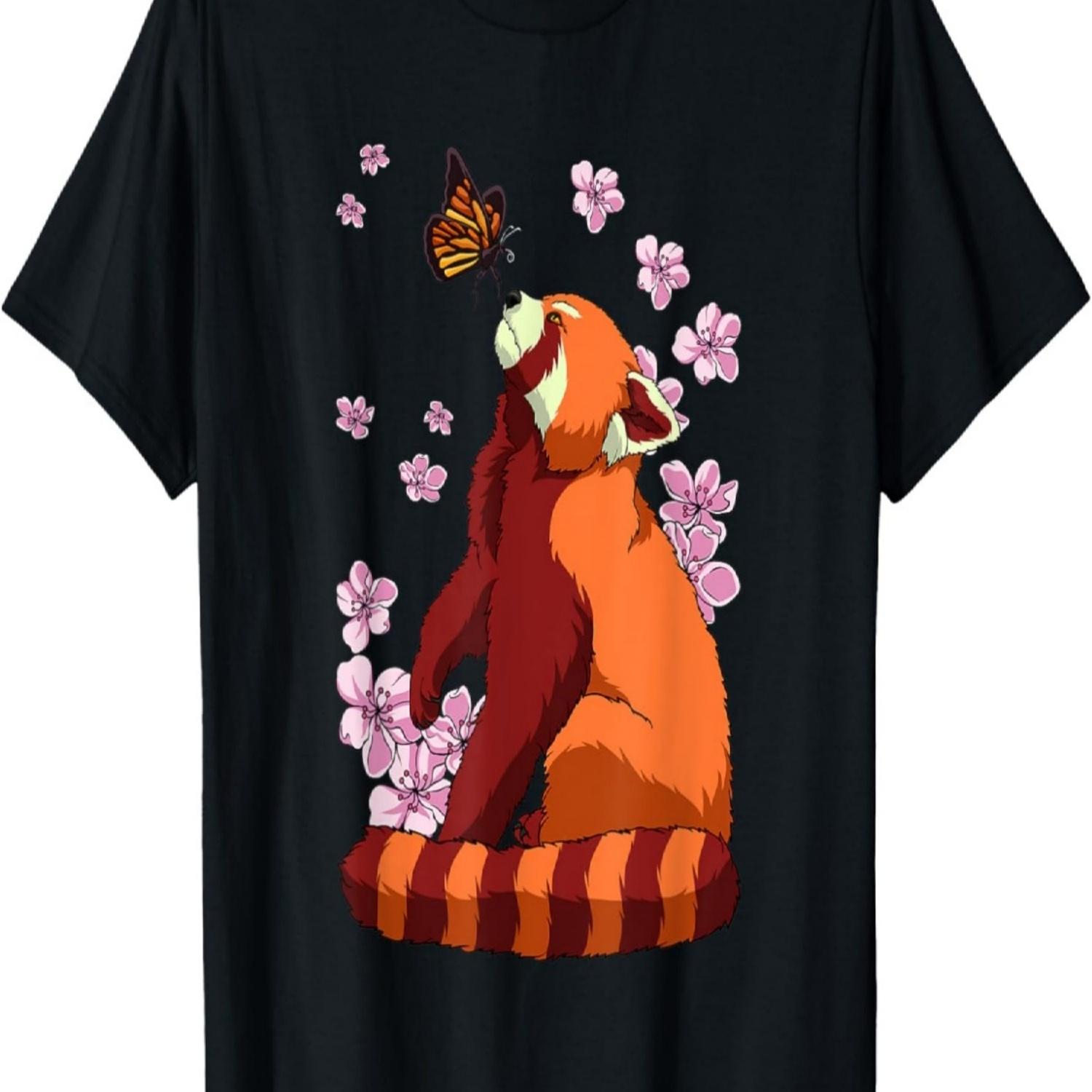 Red Panda With Butterfly  Sakura Cherry Blossom T-Shirt S