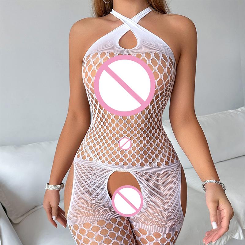 Black Open Crotch Conjoined Bodystockings Woman Sexy Lingerie Fishnet Bodysuit Fancy Underwear Costume