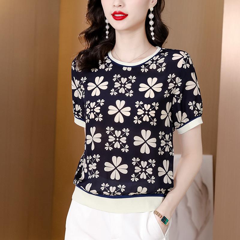 

2024 Лето Ребристая Талия Свободный Принтованный Круглый Вырез Повседневный Топ Короткие Рукава 3XL цветочный