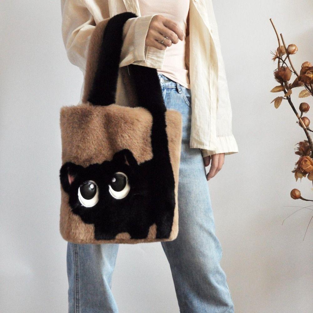 Handbag Cartoon Cat Shoulder Bag Large Capacity Furry Tote Bag Gifts Plush Bag  Autumn Winter