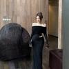 High-end Mesh Splicing Long-sleeved Dress Women's Spring Temperament Black Hollow Waist Slightly Transparent Shoulder Dress