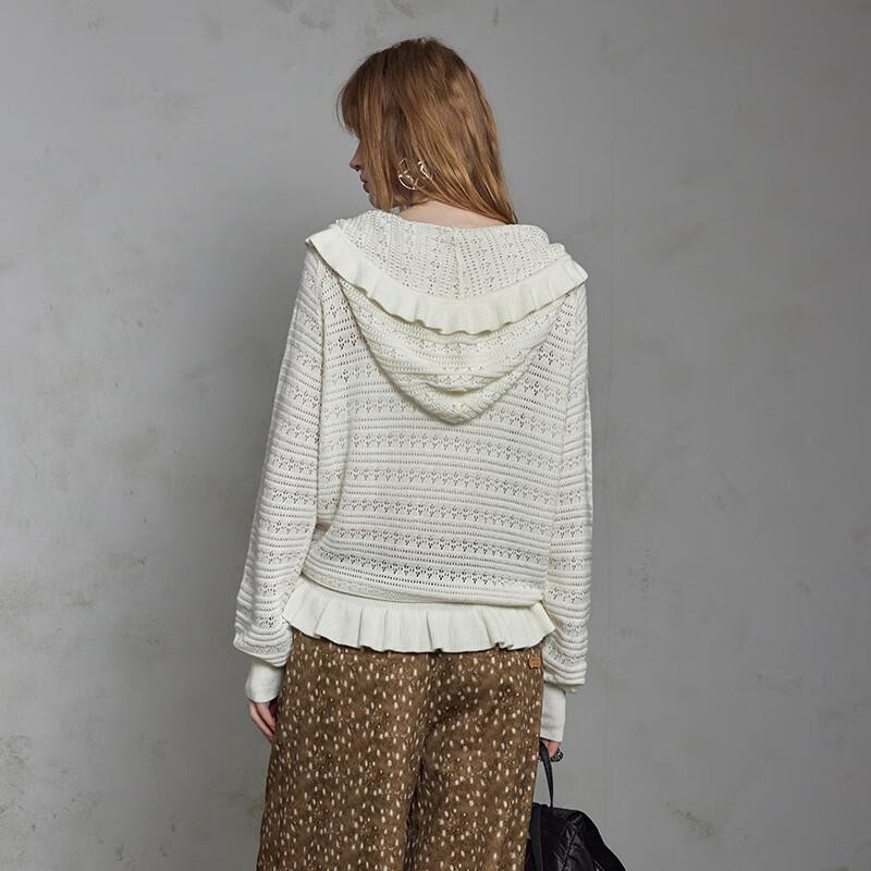 UNIFREE Women's Chic Ruffle Trim Hooded Openwork Knit Cardigan