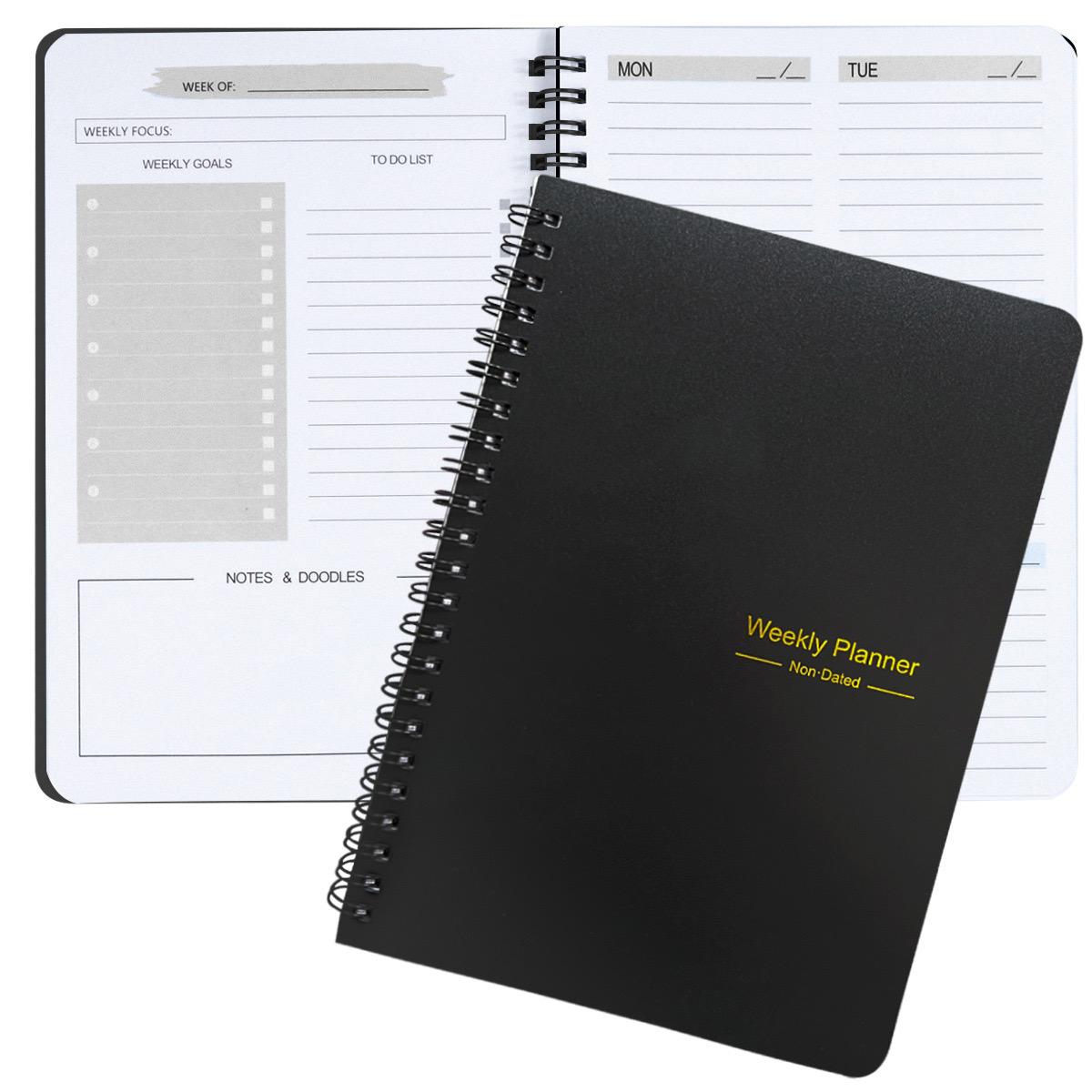 Hot Sale A5 Weekly Monthly Spiral Organizer Agenda Planner Notebook 52 Weeks Schedule with Transparent PP Leather Cover Material (Black,145x210mm&A5)