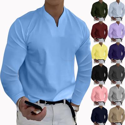 Bestellen Sie eine Nummer größer, Herrenbekleidung Frühling Herbst V-Ausschnitt Loose Fit Langarm T-Shirts Einfarbige Oberteile Casual Tees Shirts Herrenhemden