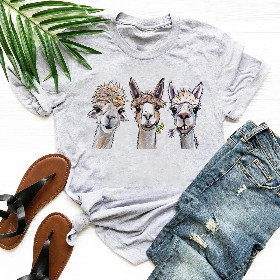Kawaii Alpacas Animal Printed T Shirts Women Summer White Top Camiseta Mujer Casual Pink/Yellow/Gray/BlackTshirt Clothes Y2K Top