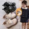 Children's Solid Color Cotton Boots, New Autumn/Winter Style, Fleece-Lined, Girls' Pearl Flower Bow Non-Slip Warm Martin Boots